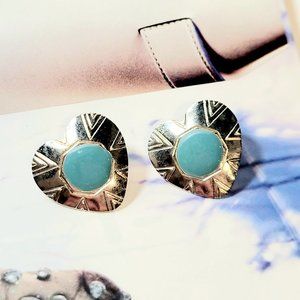 80s 90s Vintage Western Tribal Hammered Metal Silver Blue Heart Earrings  Brand